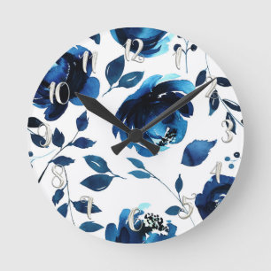 Horloge Ronde Fleurs Aquarelle Floral Bleu Élégant Chic
