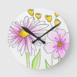 Horloge Ronde Fleurs aquarelles roses et jaunes jolies