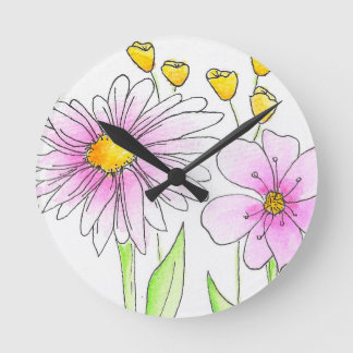 Horloge Ronde Fleurs aquarelles roses et jaunes jolies