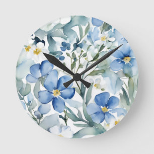 Horloge Ronde Fleurs Bleues Blancs Aquarelle Chic