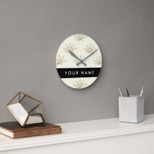 Horloge Ronde Fleurs bleues et rouges, noires, votre nom