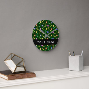 Horloge Ronde Fleurs colorées, Arrière - plan vert, Noir