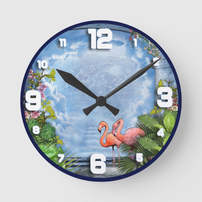 Horloge Ronde Fleurs d'arty rose sur la texture de bois bleu (Recto)