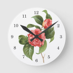Horloge Ronde Fleurs de camélia roses vintage, motif floral, par