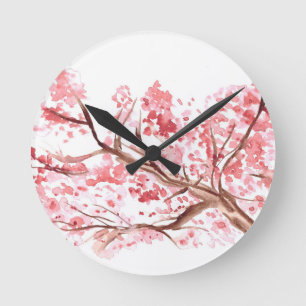 Horloge Ronde Fleurs de cerisier rose aquarelle peinture