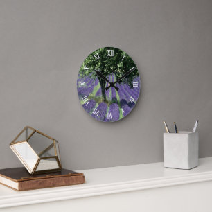 Horloge Ronde Fleurs de Lavande Violette Peinture Artistique Oli