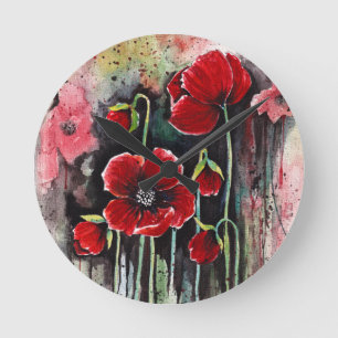 Horloge Ronde Fleurs De Pavot En Aquarelle
