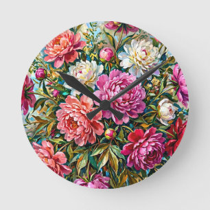 Horloge Ronde Fleurs de pivoine peintes de couleur élégante