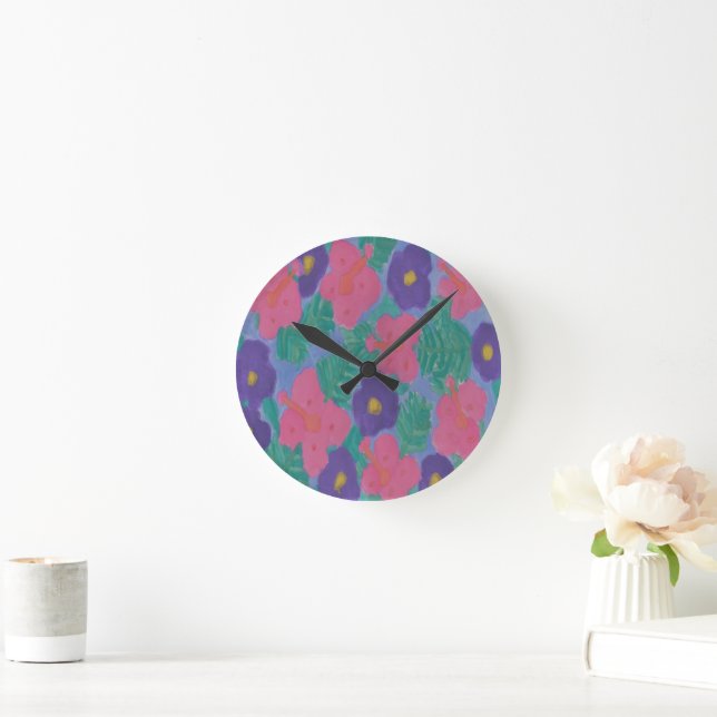 Horloge Ronde Fleurs d'Hibiscus tropicaux (Maison)
