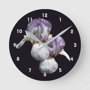 Horloge Ronde Fleurs d'Iris barbus violettes et blanches