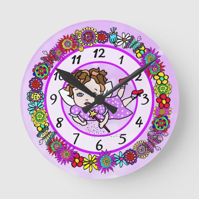 Horloge Ronde Fleurs et papillons pourpres Whimsical (Recto)