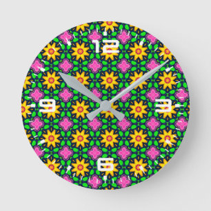 Horloge Ronde Fleurs florales colorées Jaune Motif