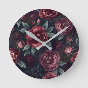 Horloge Ronde Fleurs lunatiques motif aquarelle rouge foncé