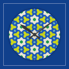 Horloge Ronde Fleurs Mignonnes sur Fond Géométrique Floral Bleu 