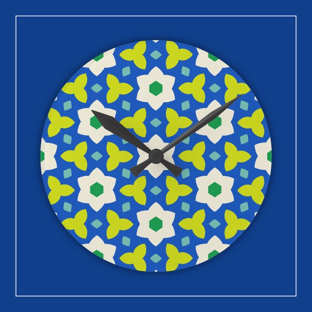 Horloge Ronde Fleurs Mignonnes sur Fond Géométrique Floral Bleu  (Créateur téléchargé)