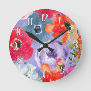 Horloge Ronde Fleurs peintes violettes moderne floral aquarelle