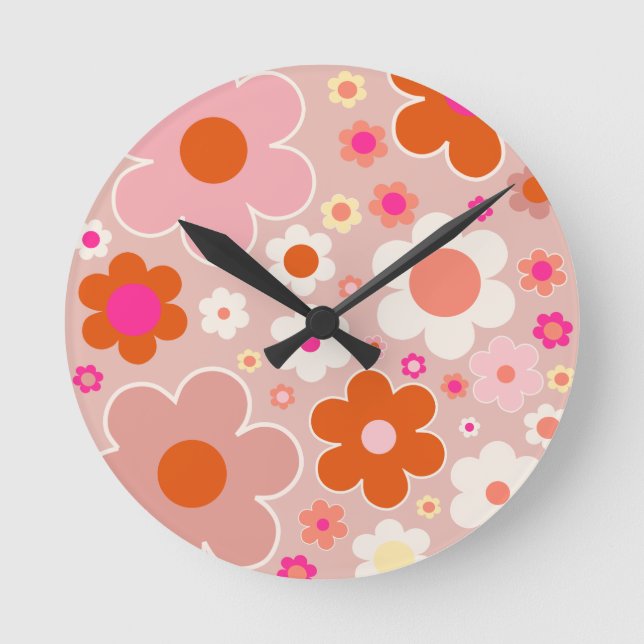 Horloge Ronde Fleurs Rétro Peach Blush Rose Orange Floral (Recto)