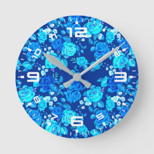 Horloge Ronde Fleurs Rose bleu classique Motif-876
