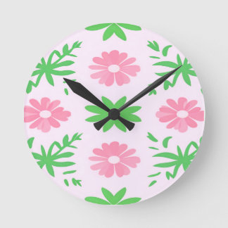 Horloge Ronde Fleurs roses et feuilles verts sans couture motif