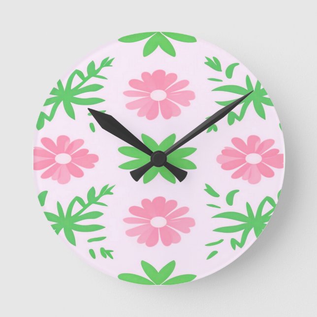 Horloge Ronde Fleurs roses et feuilles verts sans couture motif (Recto)