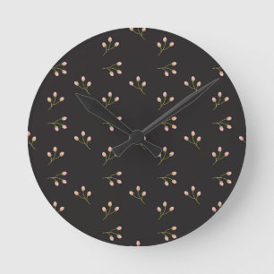 Horloge Ronde Fleurs roses Tige verte Floral noir Printemps
