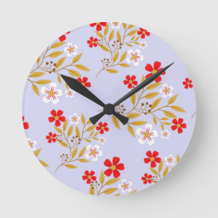 Horloge Ronde Fleurs rouges jolies de style vintage sur motif bl