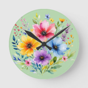 Horloge Ronde Fleurs sauvages peintes à l'aquarelle