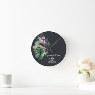 Horloge Ronde Fleurs tropicales Mariage sombre