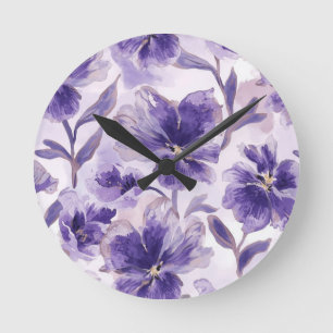 Horloge Ronde Fleurs violettes aquarelle fleurs violettes peinte