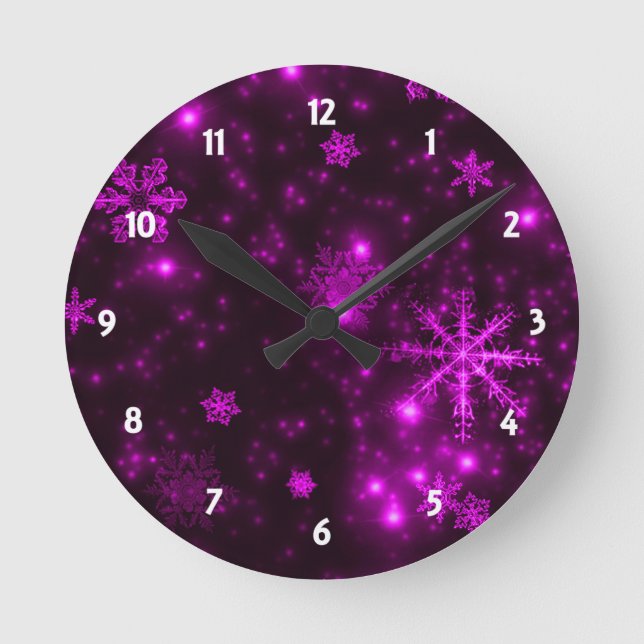 Horloge Ronde Flocons de neige avec l'arrière - plan pourpre (Recto)