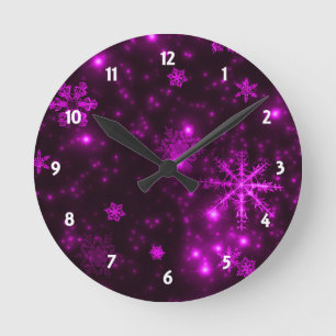 Horloge Ronde Flocons de neige avec l'arrière - plan pourpre