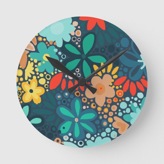 Horloge Ronde Floral bleu foncé moderne (Recto)