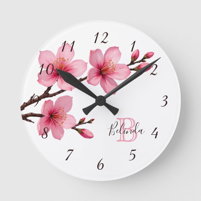 Horloge Ronde Floral Cherry Blossoms Pink White Monogram Name (Recto)