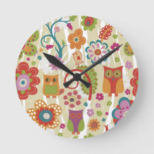 Horloge Ronde Floral et hibou de couleur