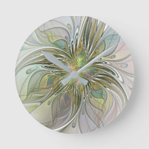 Horloge Ronde Floral Fantasy Modern Fractal Art Flower With Gold