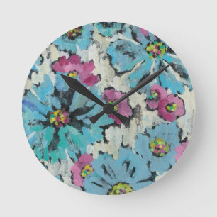 Horloge Ronde Floral rose et bleu graphique