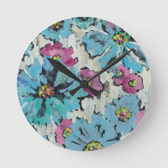 Horloge Ronde Floral rose et bleu graphique (Recto)