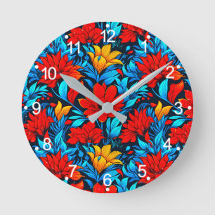 Horloge Ronde Floral Rouge Jaune Fleurs Motif