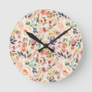 Horloge Ronde Floral rustique d'aquarelle brune rose ene ivoire