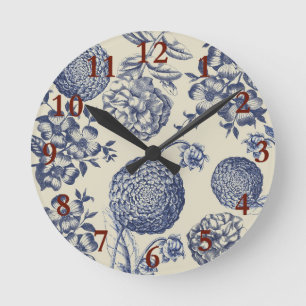 Horloge Ronde Flore d'impression florale de fleurs bleues antiqu