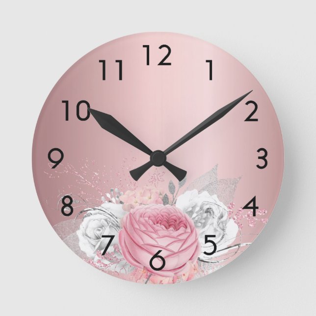 Horloge Ronde Flores rose vif rose métal blanc élégant (Recto)