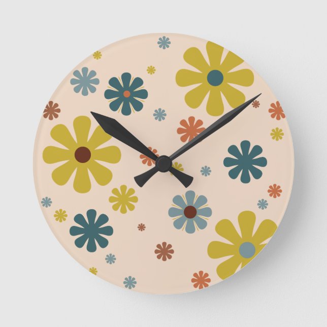 Horloge Ronde Flower Power Retro 60s Pattern Mustard Blue Orange (Recto)