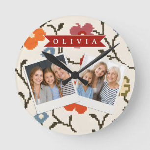 Horloge Ronde Folk scandinave bohème vintage floral personnalisé