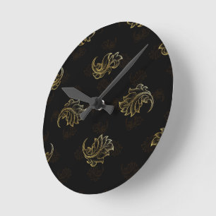 Horloge Ronde Fond noir avec une feuille d'or ornée répétitive