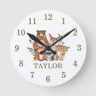 Horloge Ronde Forêt Bois Animaux Ours Renard Cheval Chien