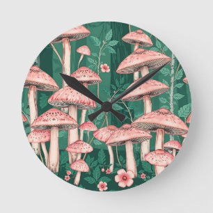 Horloge Ronde Forêt de champignons roses motif bois naturecore