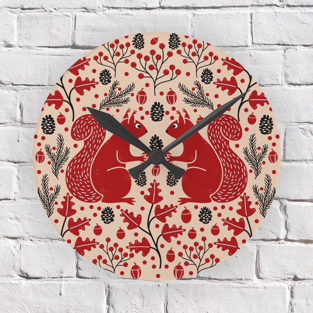 Horloge Ronde Forêt d'écureuils (Squirrel in the Forest pattern woodland wall clock)