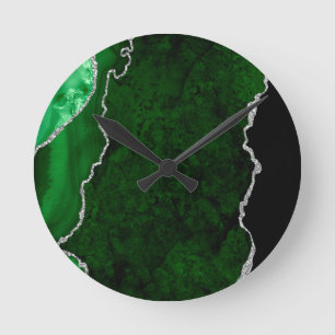 Horloge Ronde Forêt Glamouruse Vert Marbre Chic Paillettes Argen