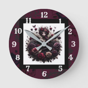 Horloge Ronde Forêt sombre gothique fée florale roses bordeaux