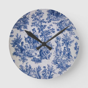 Horloge Ronde Française toile de jouy bleu et blanc élégant